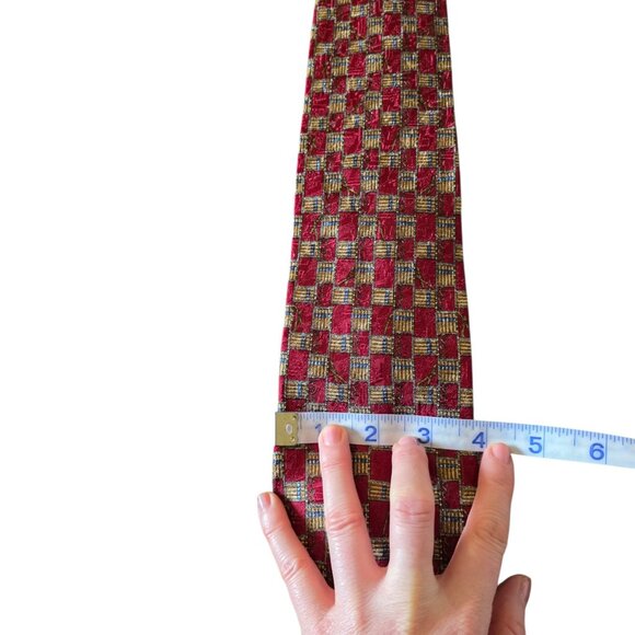 Fumagalli ITALY 100% Silk Tie Red Gold Geometric Check Sartorial Luxury - Picture 13 of 16